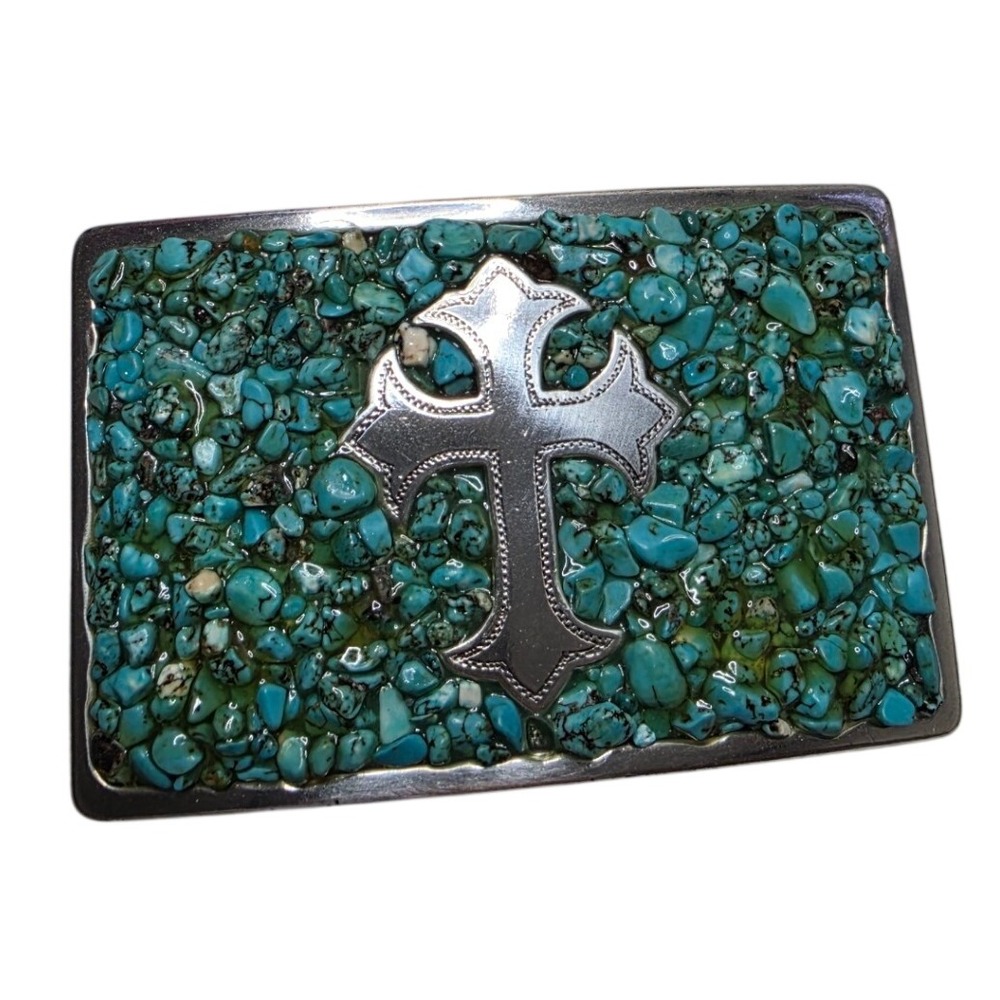 Nocona Turquoise Chip Cross Belt Buckle Silver Tone Western Rectangular